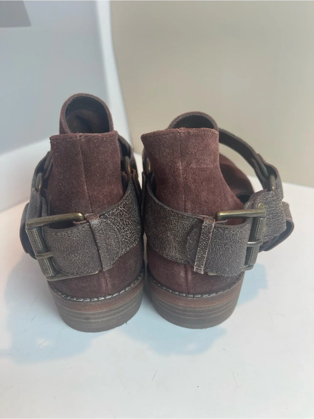 Free People Belle Harness Boots Brown Suede Leather Ankle Booties Buckle Size 8